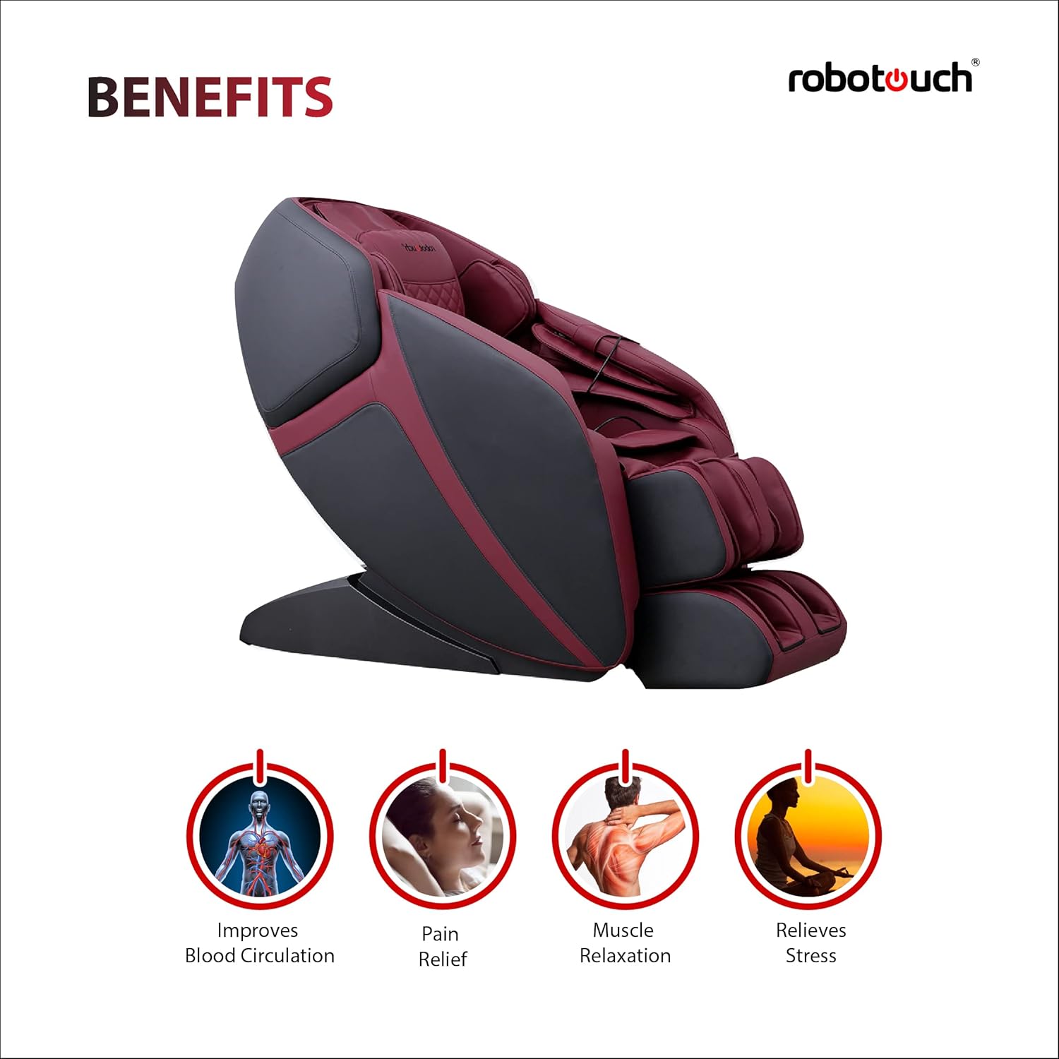 Robotouch Echo Plus Zero Gravity Full Body Massage Chair For Home Use. Neck, Shoulder, Back Pain Relief| Body Stretch, Rollers, Heating, Kneading, Back Rest,1 Year Onsite Warranty. (Red) - Leather Robotouch Echo Plus Zero Gravity Full Body Massage Chair For Home Use. Neck, Shoulder, Back Pain Relief| Body Stretch, Rollers, Heating, Kneading, Back Rest,1 Year Onsite Warranty. (Red) - Leather