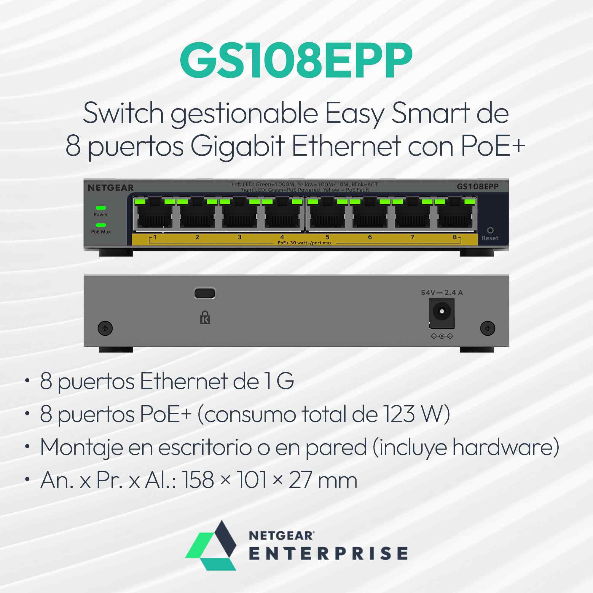 NETGEAR Switch gestionable Easy Smart de 8 Puertos Gigabit Ethernet PoE+ con 8 Puertos PoE+ de 123 W, sin Ventilador y con Opciones de Montaje de sobremesa o en Pared (GS108EPP)