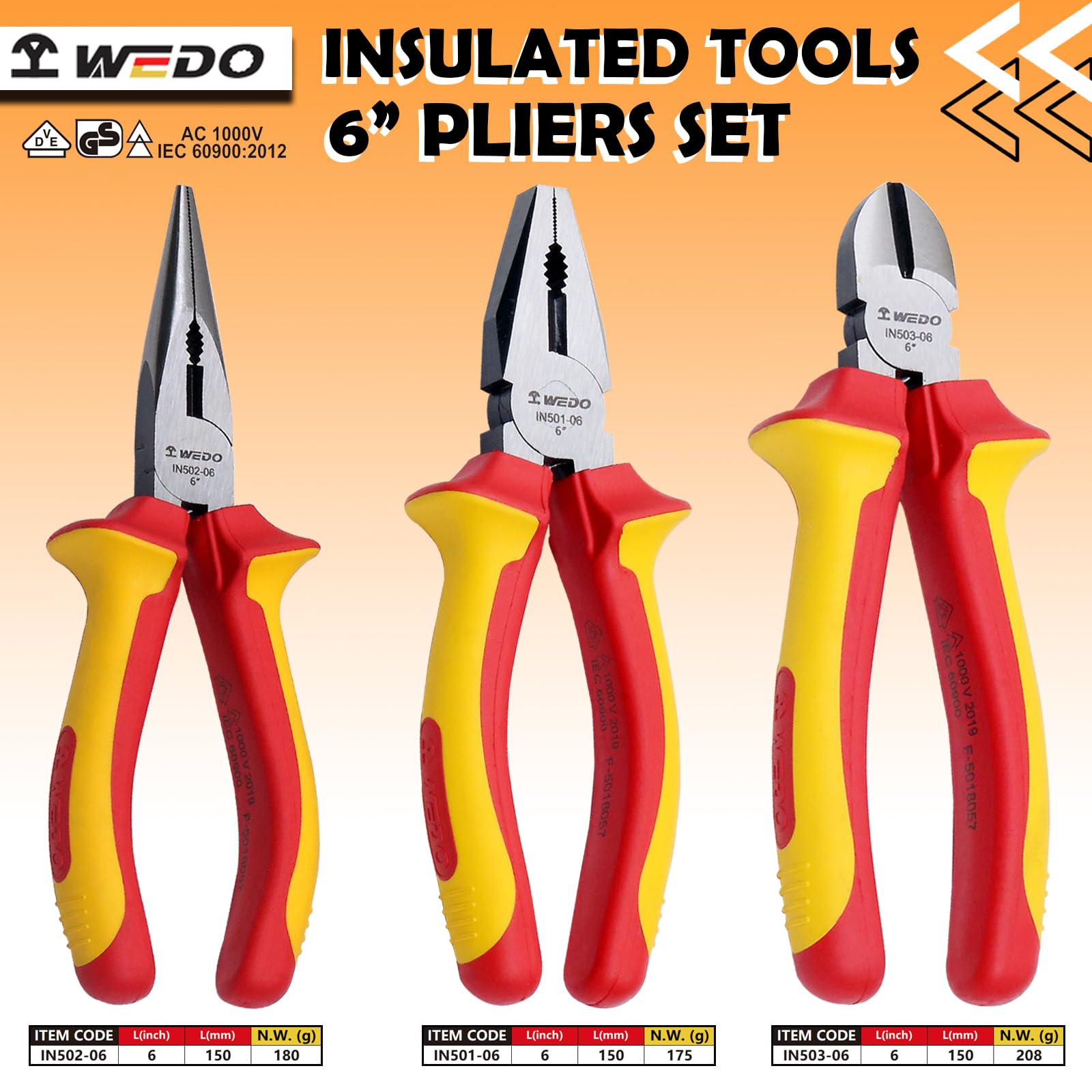WEDO Juego de alicates aislados de 3 piezas, VED 1000 V, kit de alicates para electricista, alicates Lineman de 6 pulgadas, alicates de punta larga de aguja de 6 pulgadas, alicates de corte diagonal