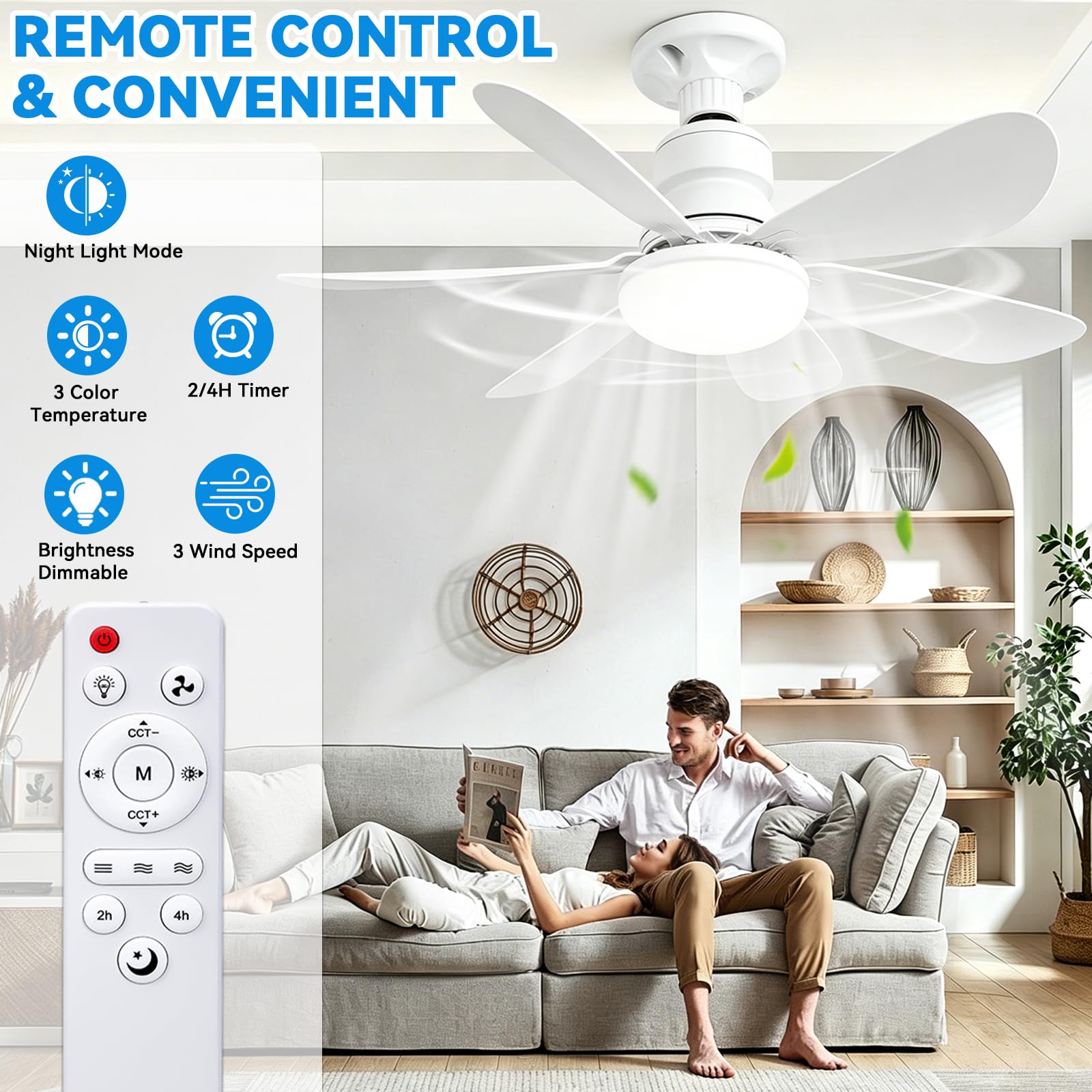 Ventilatore da Soffitto con Luce e Telecomando, 52 cm, 40 W, Ventilatore a Soffitto LED con Portalampada E27, Dimmerabile a 3 Modalità, 3 Velocità, per Soggiorno, Camera da Letto e Sala da Pranzo