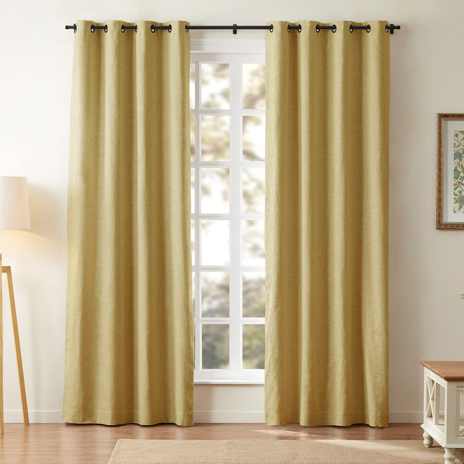 ChadMade Natural Linen Blend Cotton Curtain 90 Inches Long Double Layers Drape for Kids Room, Black Grommet Drape Privacy Protection Window Treatment (50