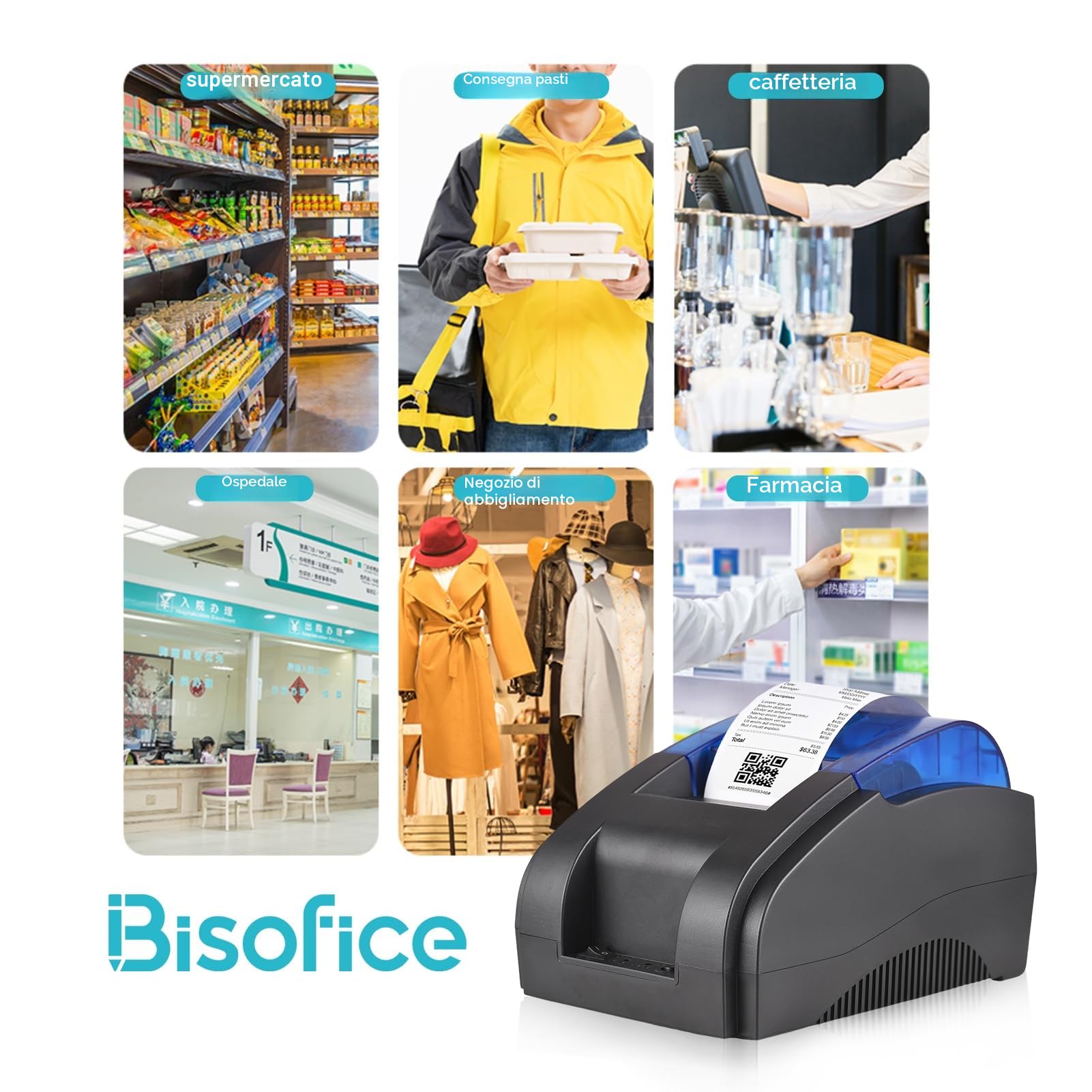 Bisofice Stampante termica 58 mm per Scontrini, Stampante Portatile Bluetooth & USB, Compatibile con Android/Windows, Supporto ESC/POS, per Vendita al Dettaglio