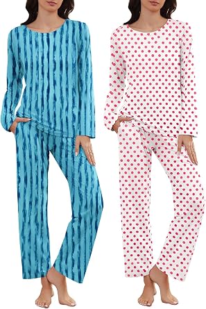 Cosy Pyro 2 Pack Womens Pajama Set Soft Loungewear Pjs Sets Long Sleeve Pajamas Top and Pants with Pockets