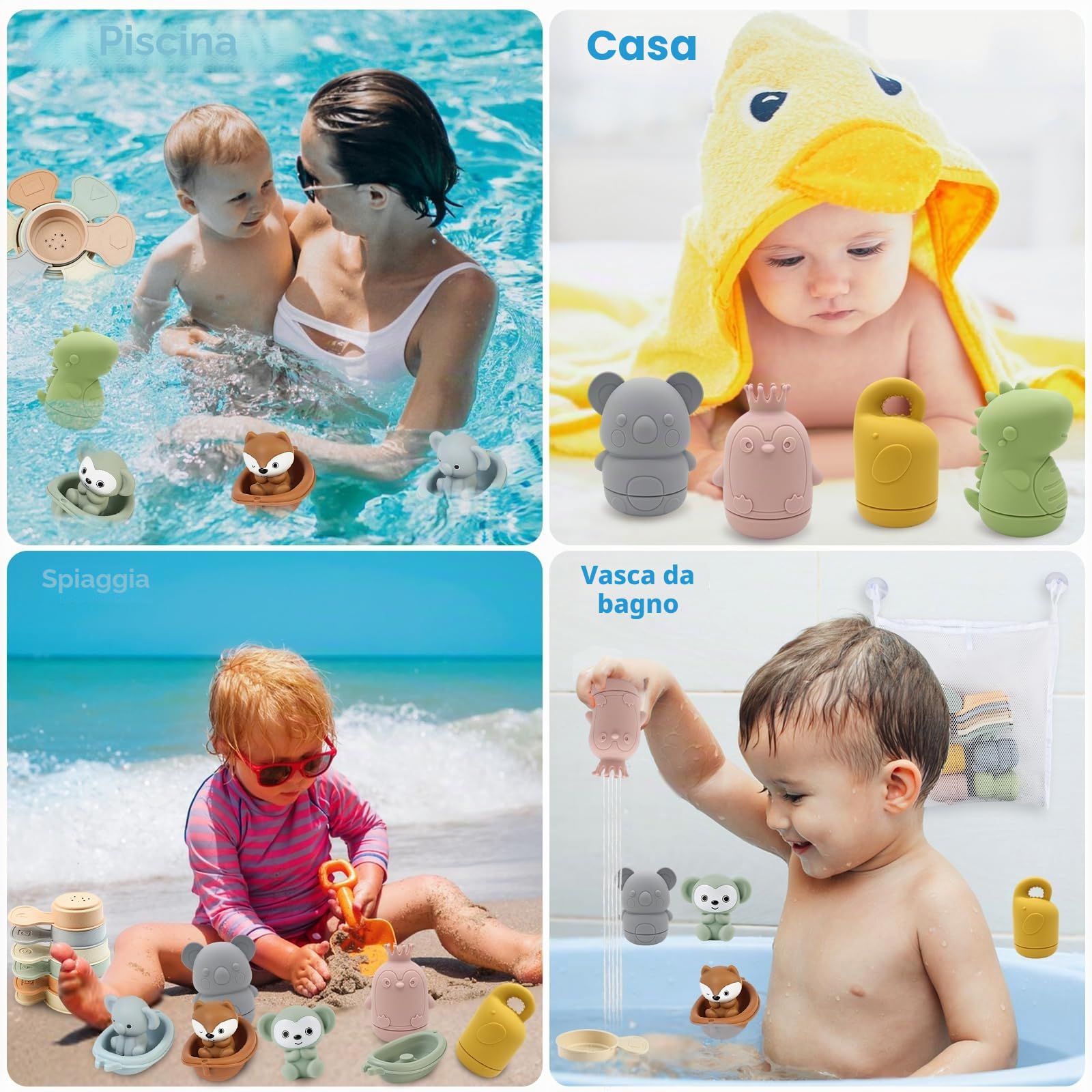 Giocattoli da Bagno Bambini, Giochi Bagnetto, Giocattoli Animali in Silicone con Barchette da Bagno Impilabili e Cucchiaio, Giochi Acqua Giocattolo Che Nuota Giochi Vasca da Bagno Bambini 1 2 3 4 Anni