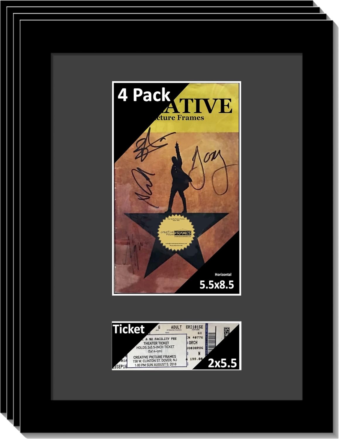 Creative Picture Frames 4Pk11X14-W Black Theatre Frame With White Matting, Holds 5.5X8.5-Inch Media Plus Ticket Including Installed Wall Hanger (Theatre Bill Not Included, Pack Of 4)