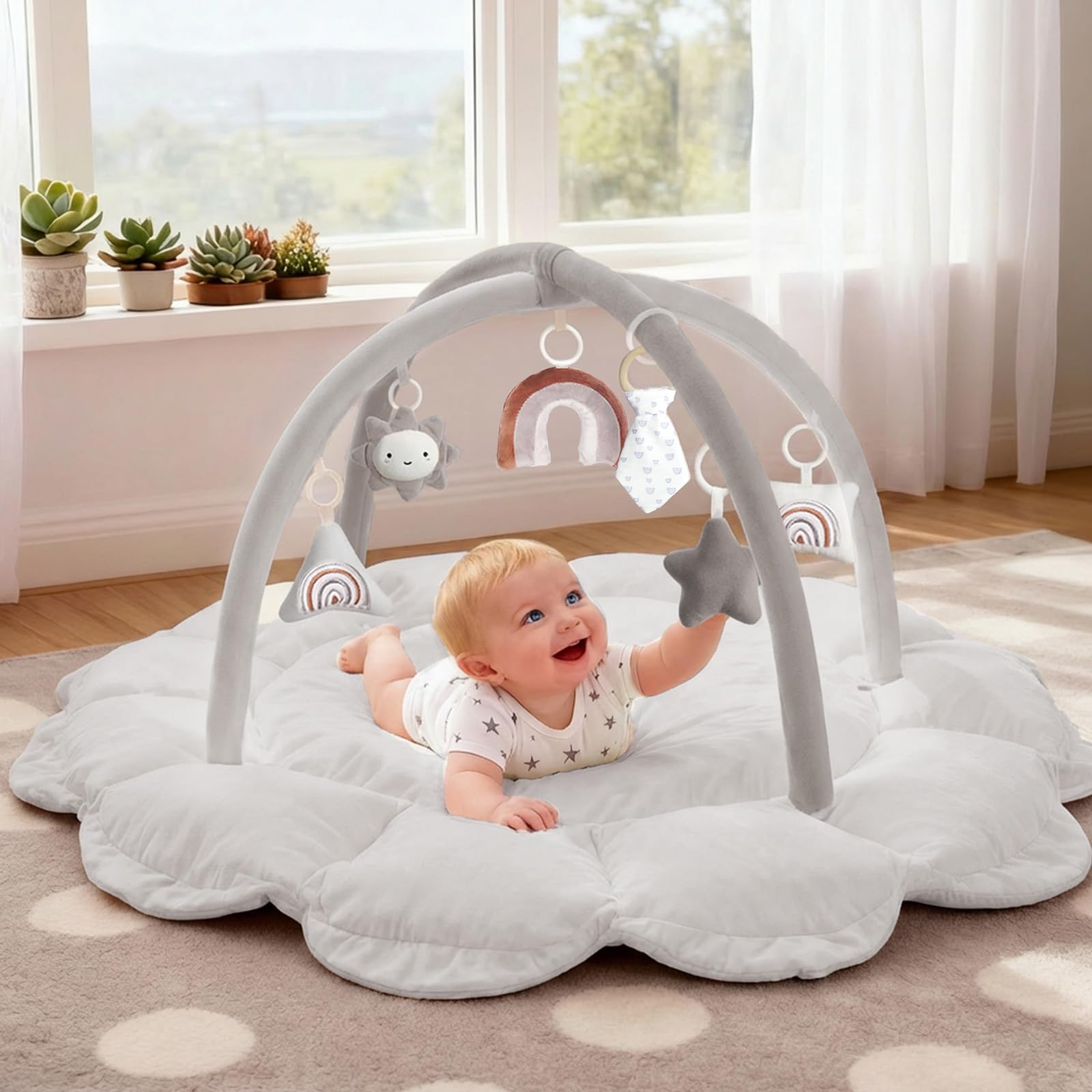 5-in-1 Thick & Plush Baby Play Gym, Baby Play Mats for Floor, Tummy Time Mat with 6 Toys, Cat Bed, Dog Bed, Convertible Stage-Based Developmental from Baby to Toddler, Ball Pit, Pet Cushion Cloudico