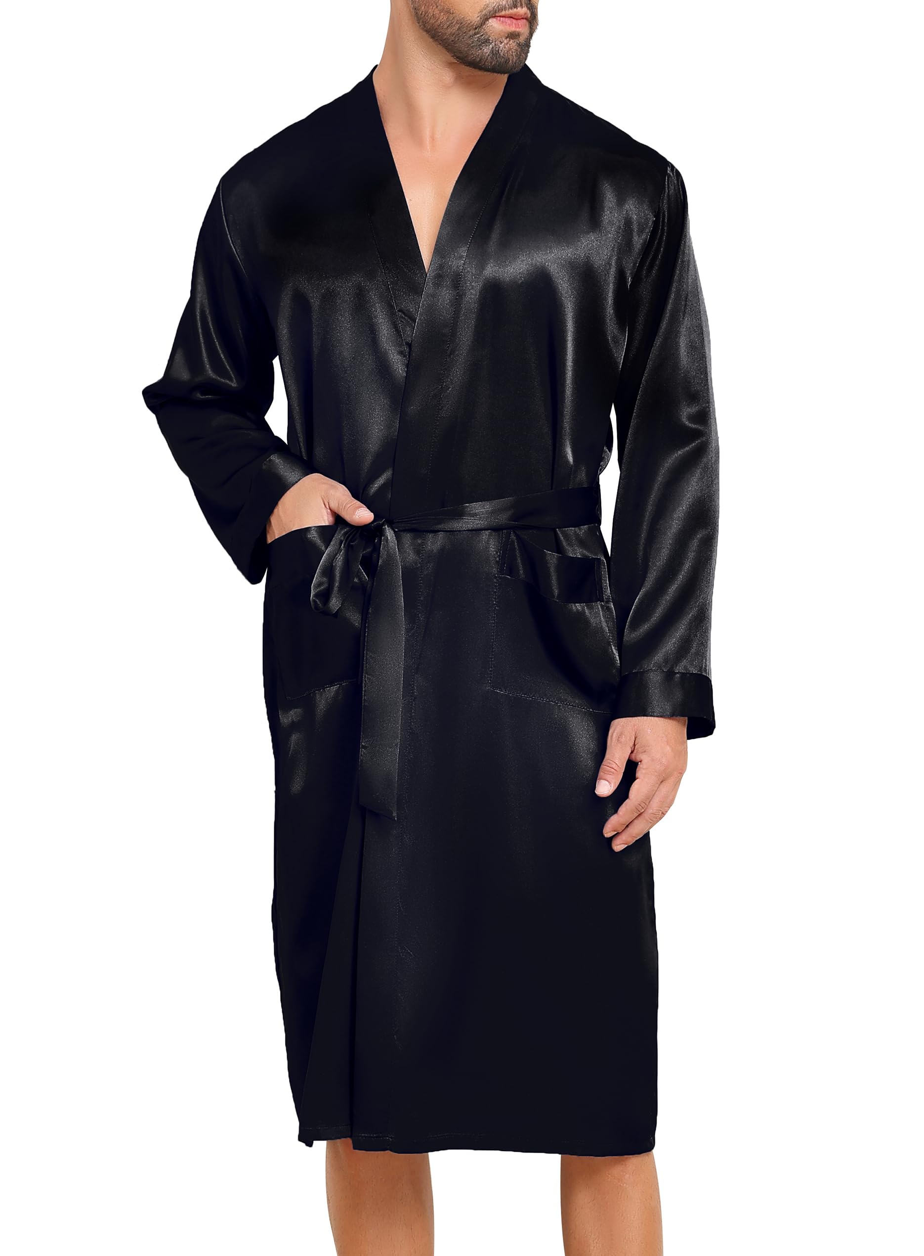 Lovasy Satin Bademantel Herren Lang Kimono Bademäntel für Herren Leicht Morgenmantel Zwei Seitentaschen mit Gürtel