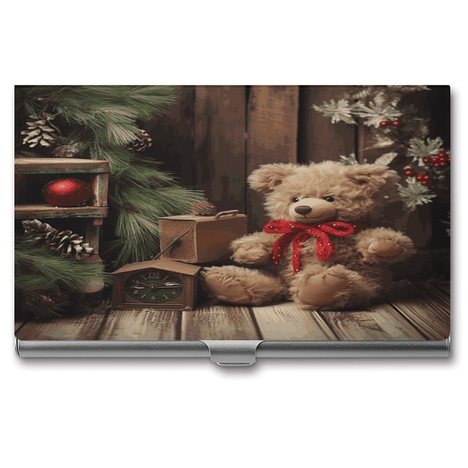 LDGSUPH Xmas Tree Branch Bear Doll Business Card Holder Fashion Slim Name Card Holder Minimalist Design Case Metal Card Carrier Personalized Business Card Case with Flip for Men Women