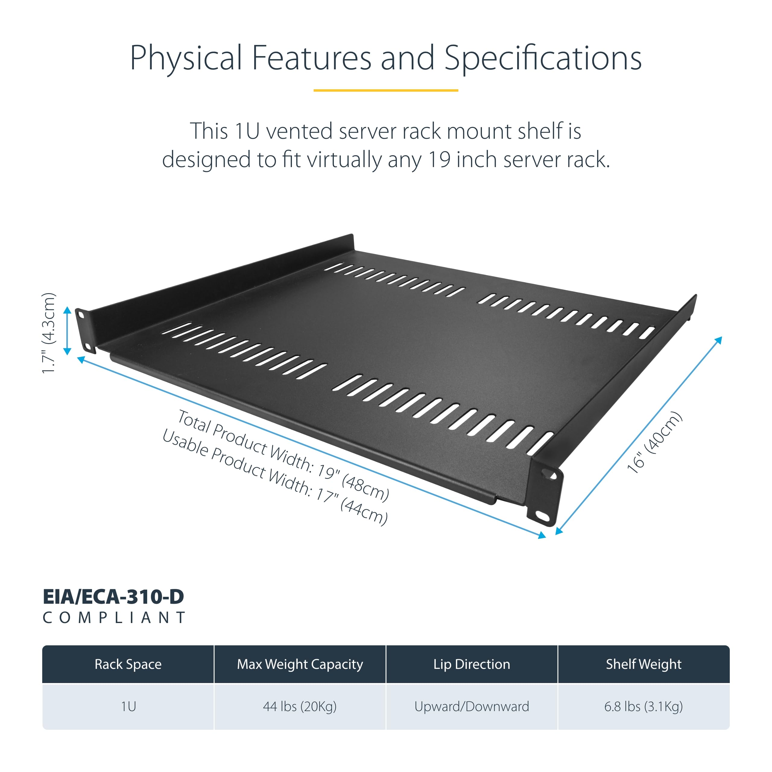 StarTech.com Bandeja Estante Ventilado de 1U para Armario Rack de Servidores de 19 Pulgadas - de 16 Pulgadas de Profundidad - de Acero de Servicio Pesado - con 20kg de Capacidad - Negro (CABSHELF116V)