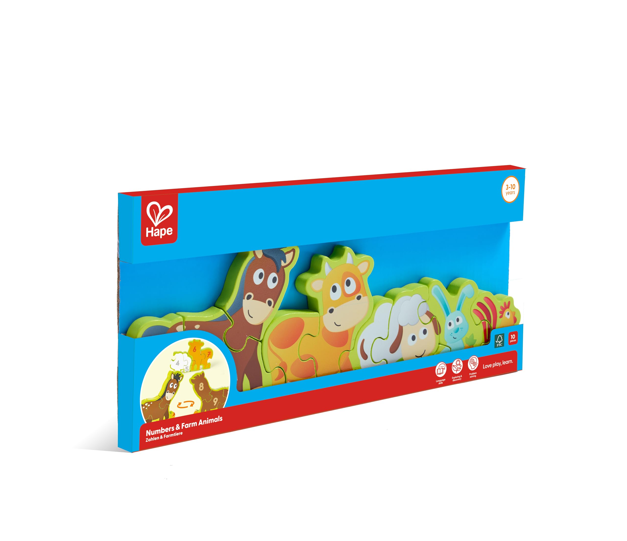 Hape Numbers & Farm Animal Puzzle Double-Sided Wooden Jigsaw Game for Kids 10-Piece, Multi-Coloured
