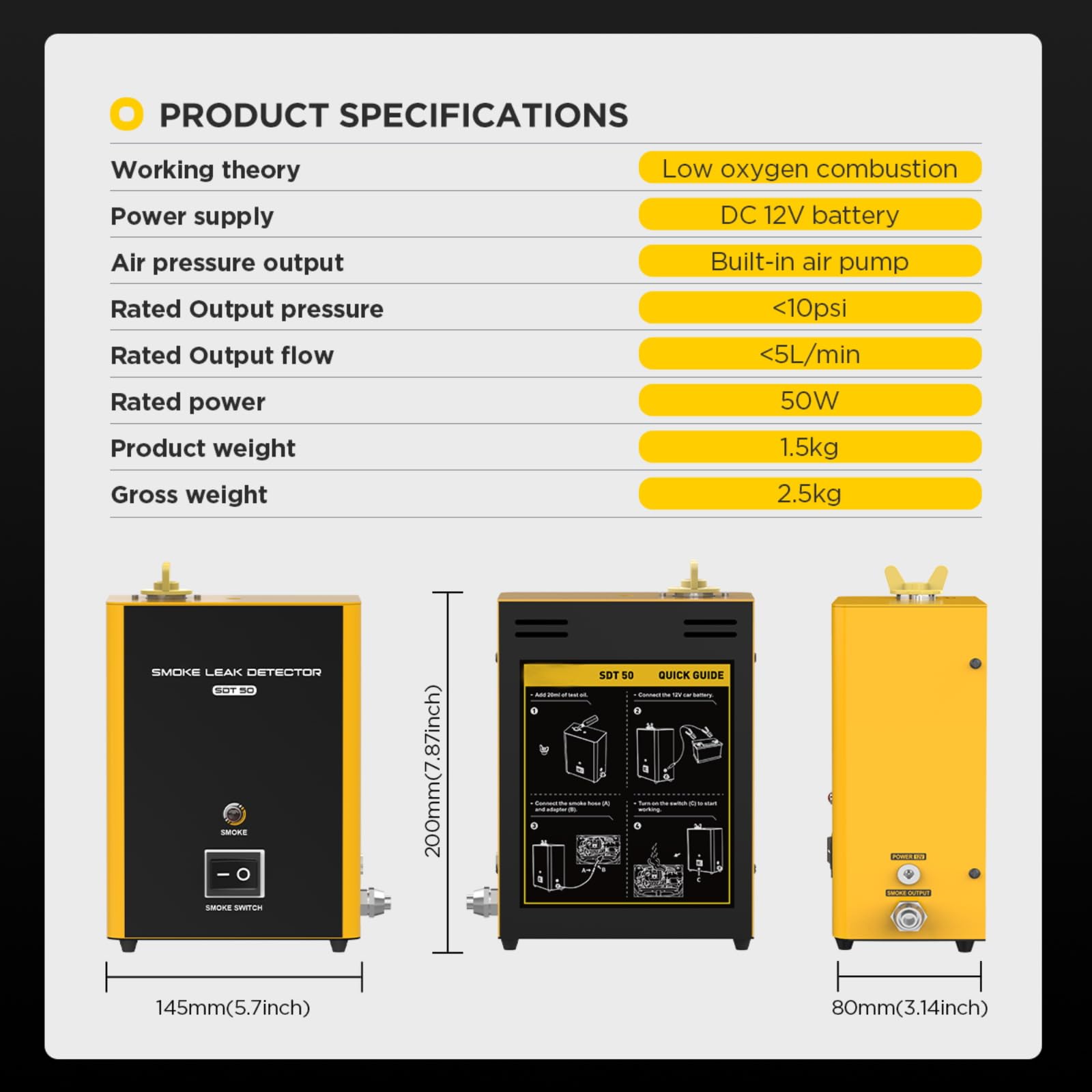 SDT50 Rauchleckdetektor mit Eingebauter Luftpumpe, 12V Auto Rauchmaschine für EVAP-Dichtheitsprüfung, Profi Lecktester für Alle Fahrzeuge, Leicht 1.5kg, Leise & Schnell, Überhitzungsschutz