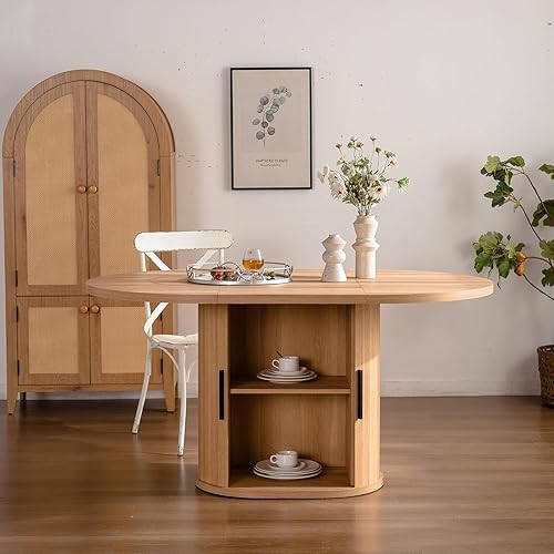 Miniatura 5 de Juego de mesa de comedor retro grande para 6, moderno juego de mesa de cocina ovalada con 6 sillas tapizadas, mesa de MDF sólida con estante