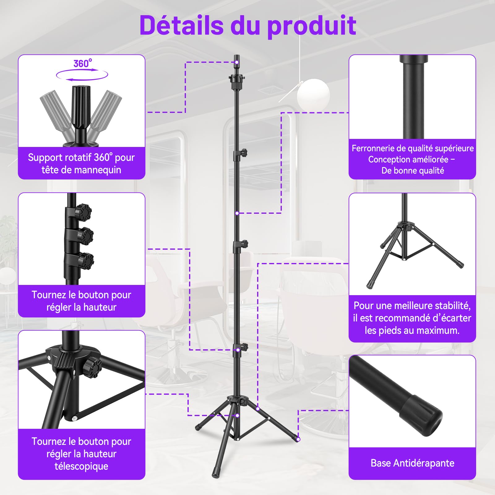 TwoWin Support de Tête de Mannequin Réglable 59-140 cm, 23,2-55 Pouces Trépied pour Perruques, Porte Perruques avec Base Antidérapante, Idéal pour l‘Entraînement en Coiffure et Cosmétologie