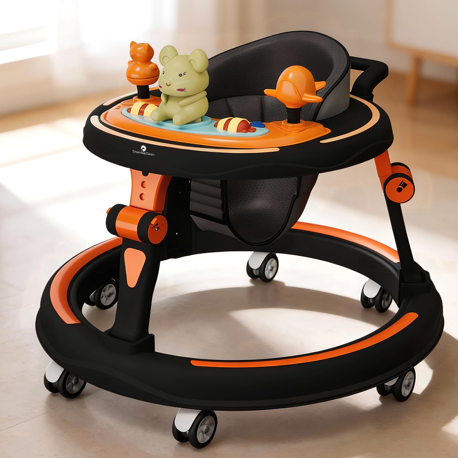 StarAndDaisy Baby Walkers for 6-18 Month Baby boy & Girl 360° Walker for Kids for 6 to 18 Months with 7 Level Height Adjustment, Baby Walker with Switchable Food & Musical Toy Tray -Orange Black-image-38