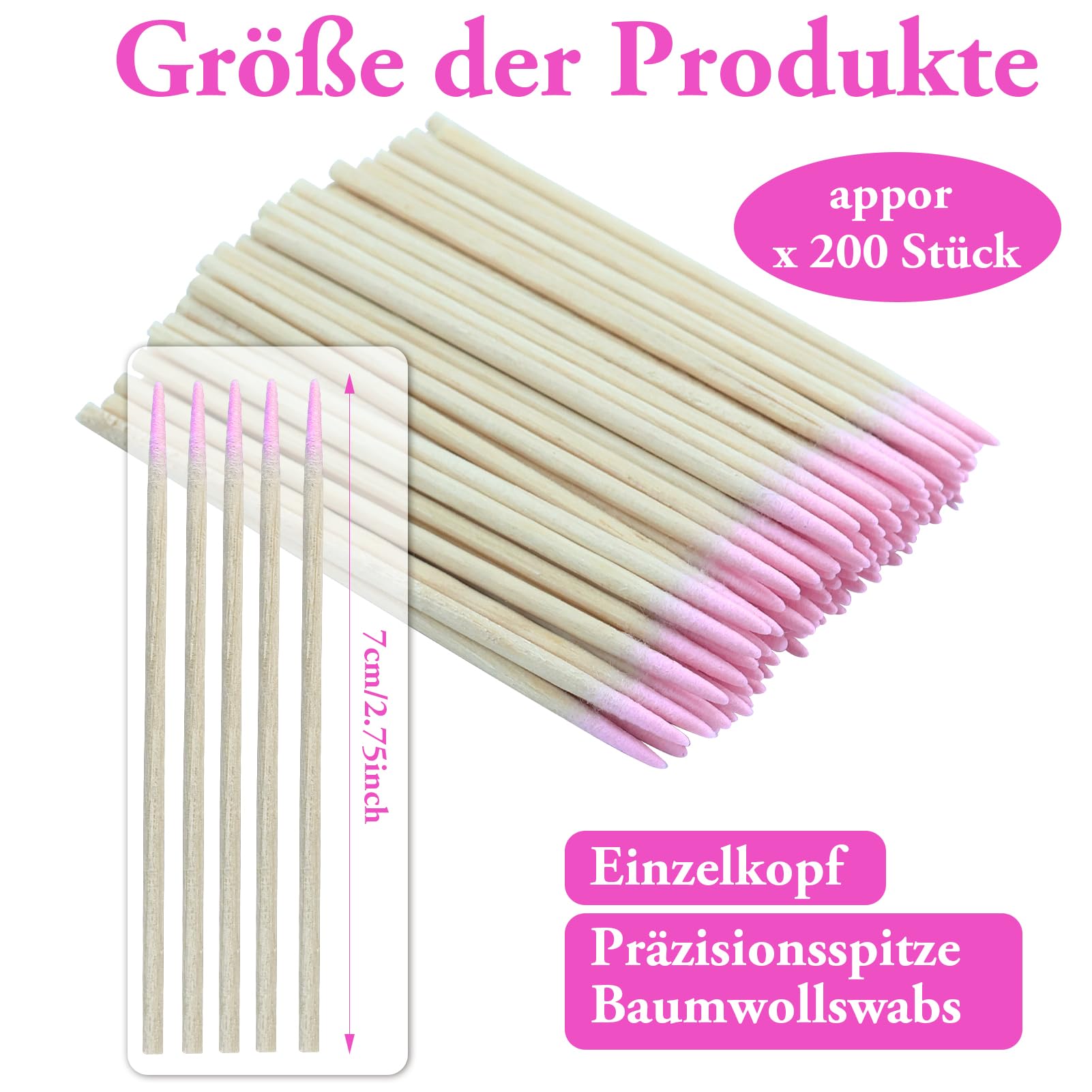 Lot de 200 cotons-tiges de 7 cm avec pointe pointue, bâtonnets de nettoyage en bois pour tatouage, sourcils, ongles (rose)