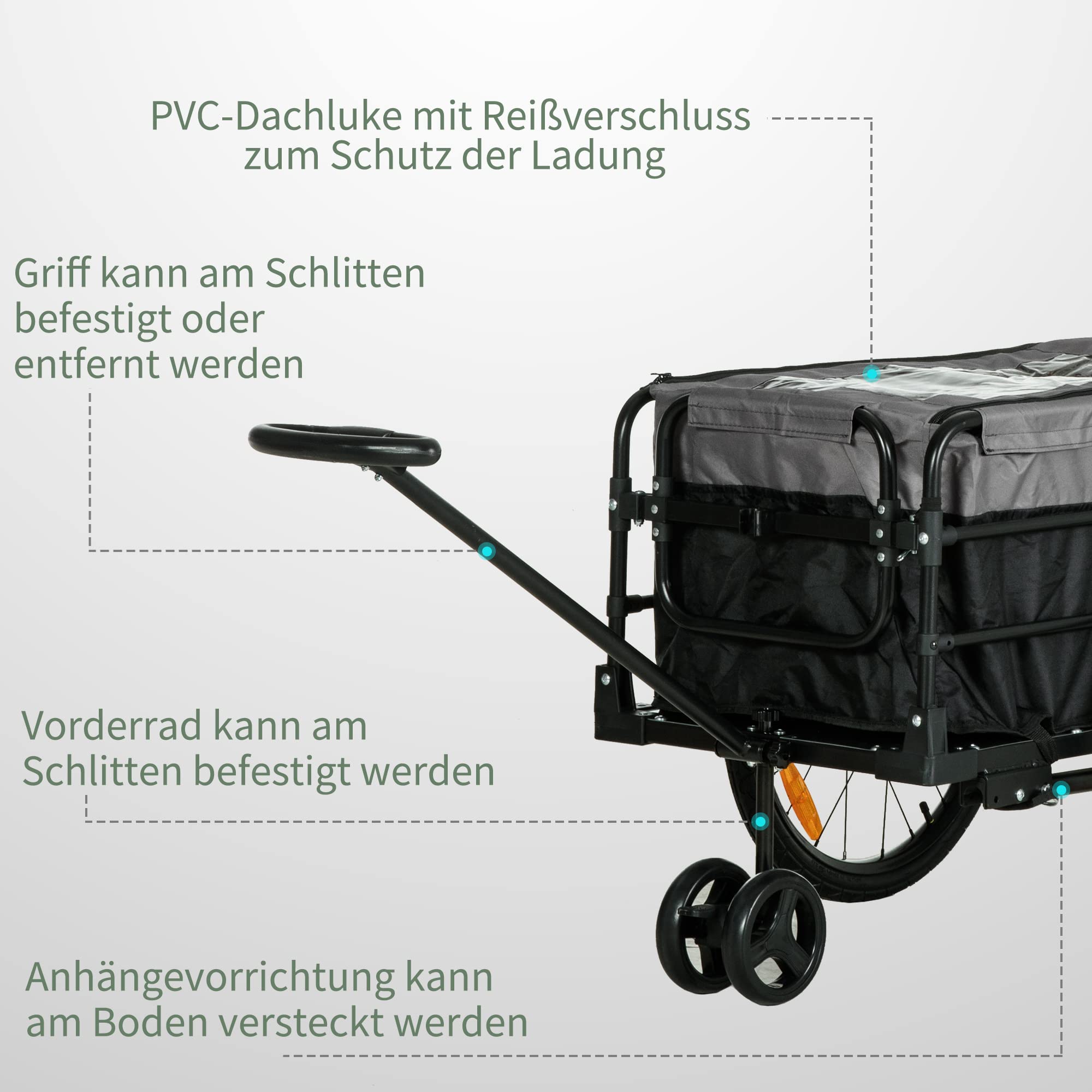 HOMCOM Rimorchio per bicicletta 2 in 1, rimorchio da trasporto, pneumatici da 20 pollici, capacità di carico 40 kg, in acciaio, tessuto Oxford, nero+grigio, 130 x 64 x 64/103 cm