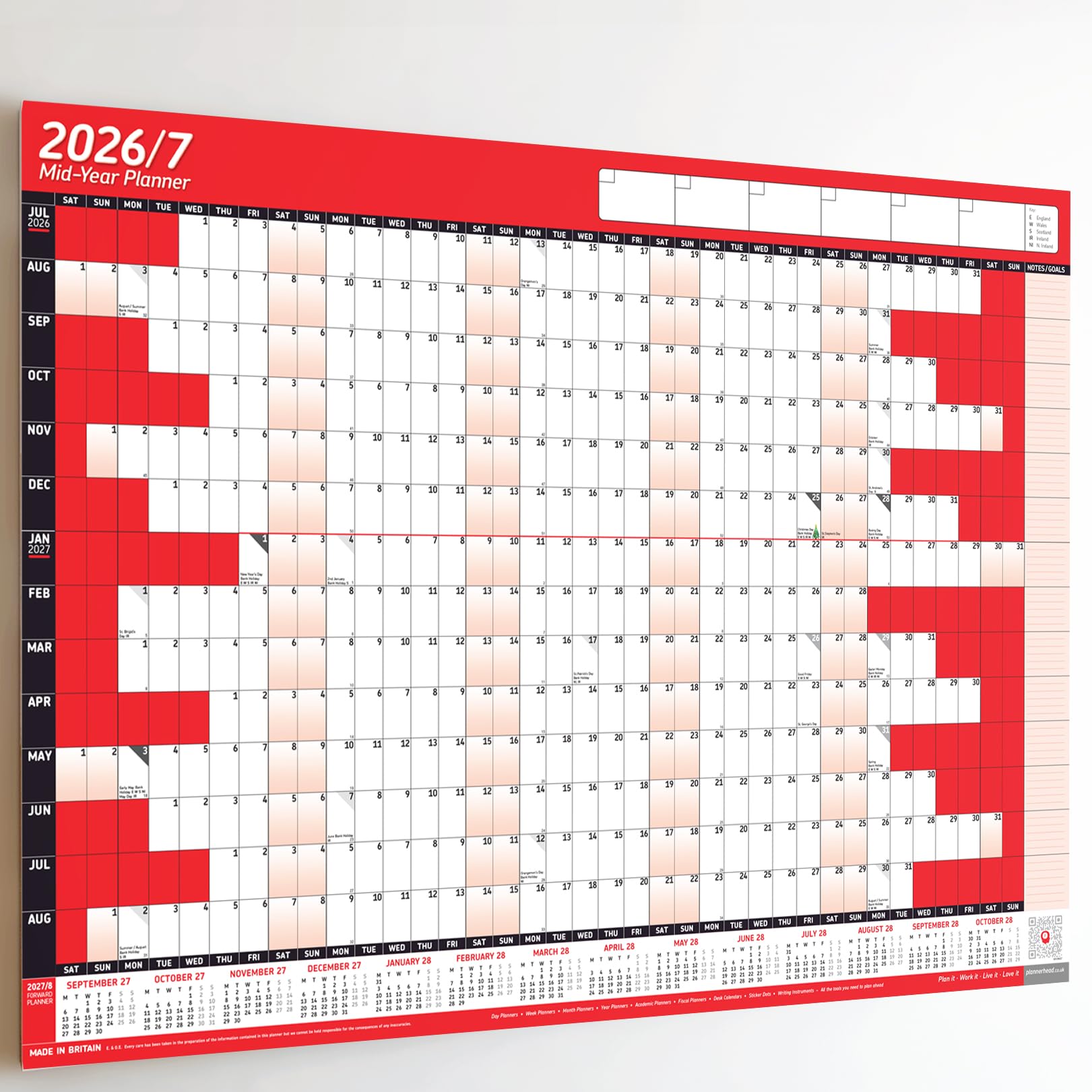 PlannerHead 2026/27 Academic Wall Planner/July 2026-August 2027 Calendar UK/Unmounted Unlaminated Year Planner Poster/Red Gigantic Size 90cm x 135cm (Rolled)