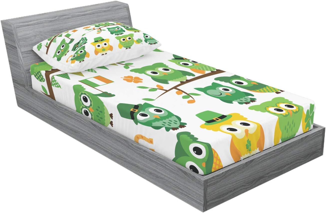 Ambesonne St. Patrick's Day Fitted Sheet & Pillow Sham Set, Irish Owls Leprechaun Hats on Trees Shamrock Leaves Horseshoe, Decorative Printed 2 Piece Bedding Decor Set, Twinxl, Green White Twin XL Green White