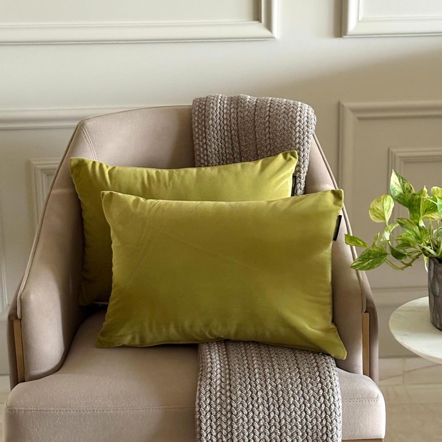 Chartreuse Green Luxury Lumbar Pillow Cover 12"x14" | Pack of 2 Modern Velvet Oblong Cushion Cover | Plain Solid Pillowcases for Couch, Sofa Bedroom & Living Room Home Décor - Chartreuse Velvet Dream