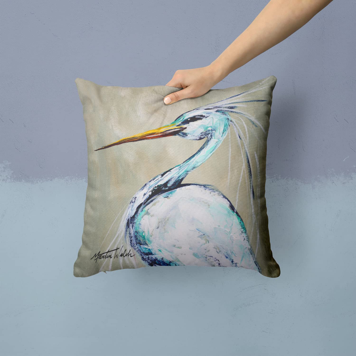 Caroline's Treasures MW1132PW1414 Blue Heron Smitty's Brother Fabric Decorative Pillow Machine Washable, Indoor Outdoor Decorative Pillow for Couch, Bed or Patio, 14Hx14W