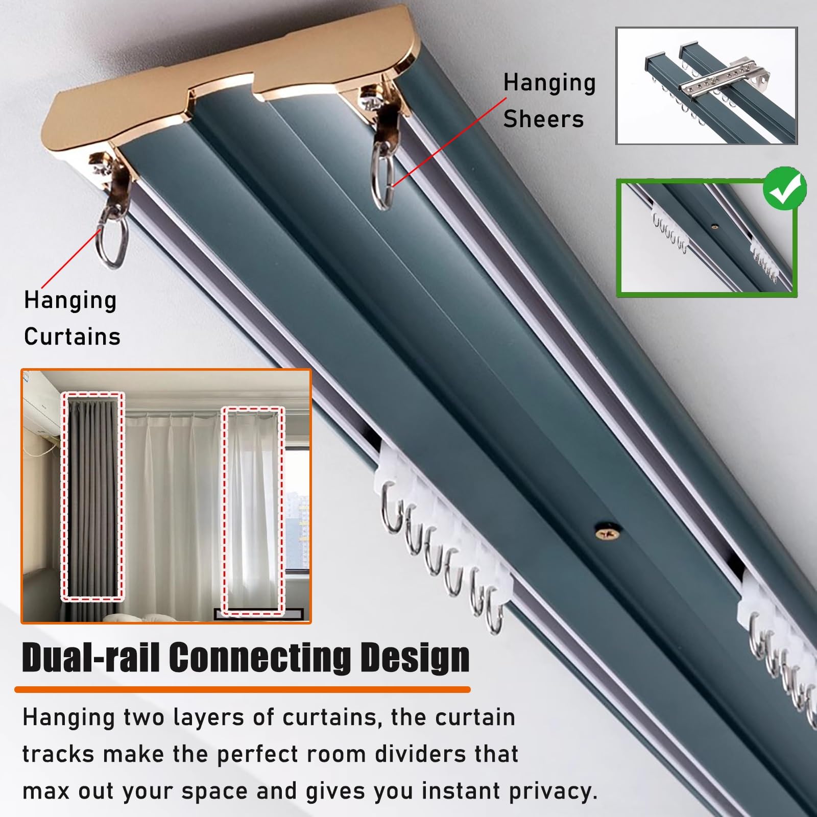 Support de tringle double ain avec rail coulissant Idéal pour les locataires – Support de 1 m pour salon et chambre à coucher et facile à installer