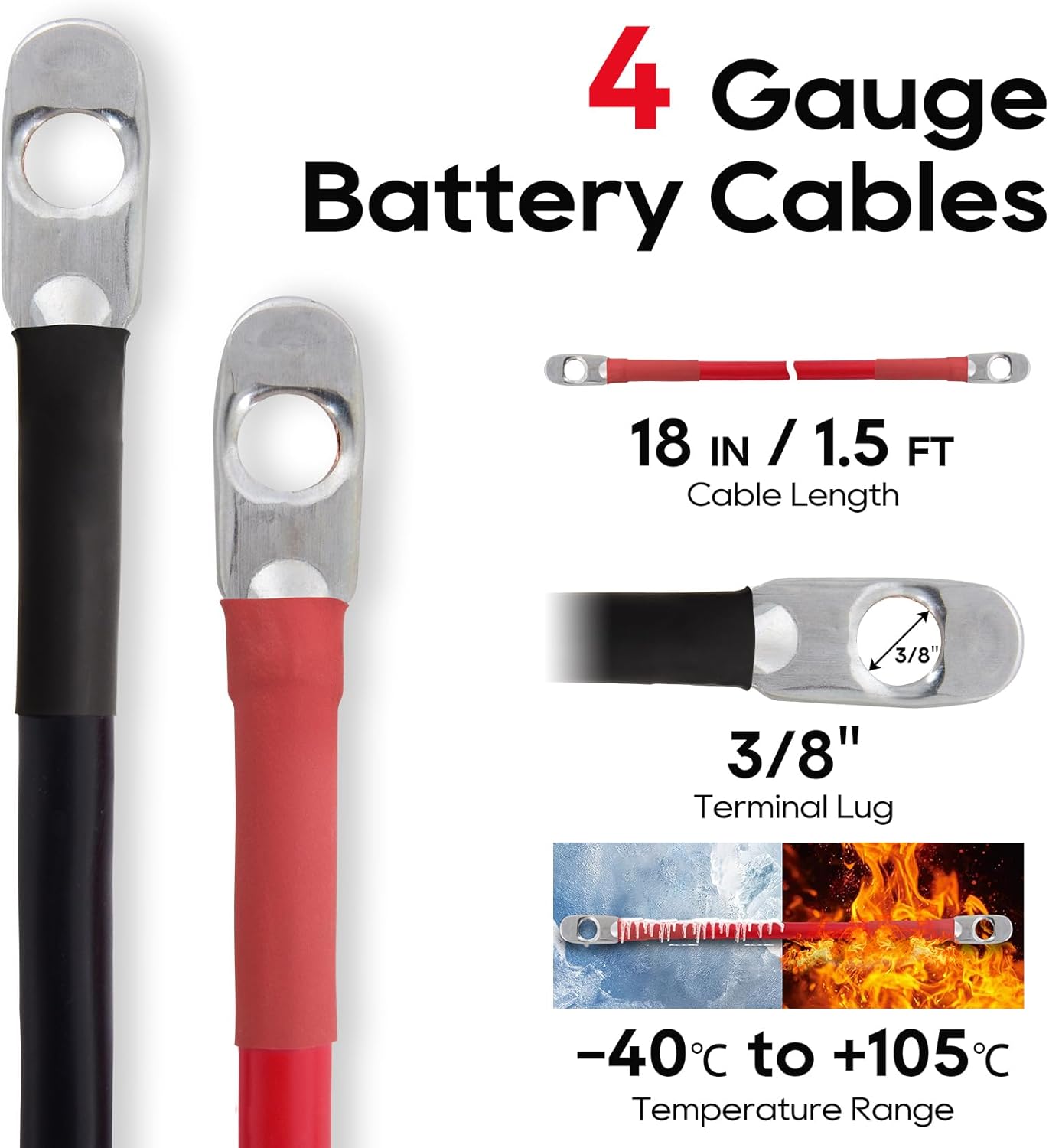 TOPDC 4 Gauge 20 Feet Jumper Cables for Car with 4 Gauge 18 Inch Battery Cables Set All Copper Conductor Wire