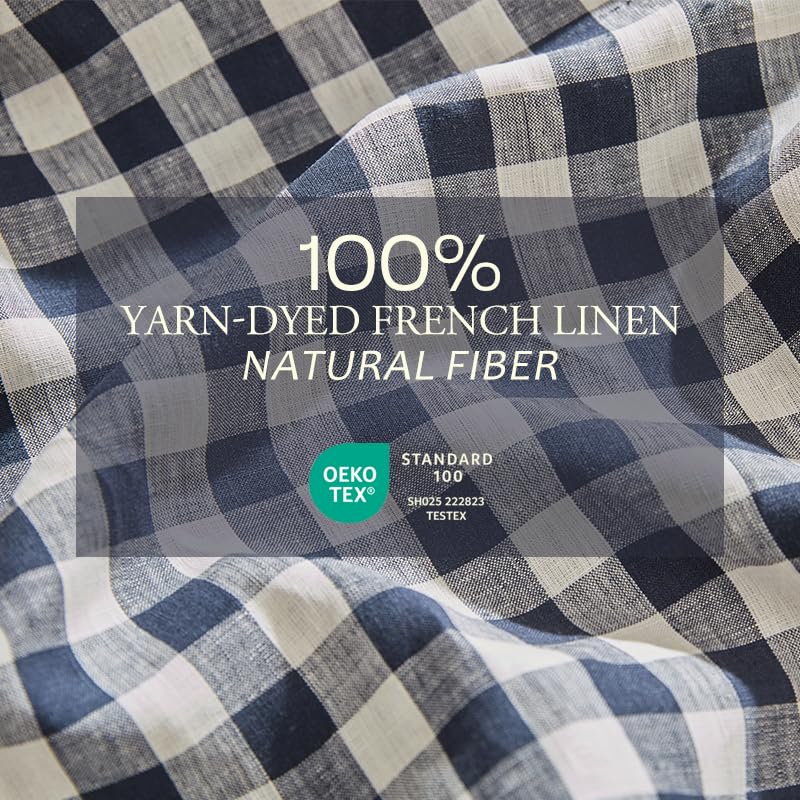 DAPU Linen Sheets Queen,Yarn Dyed Gingham Check Plaid 100% Washed Linen Bedding with Envelope Closure,4 PCs Soft Linen Sheets Set,Geometric Checkered Pattern in Navy Blue & White,Queen Size