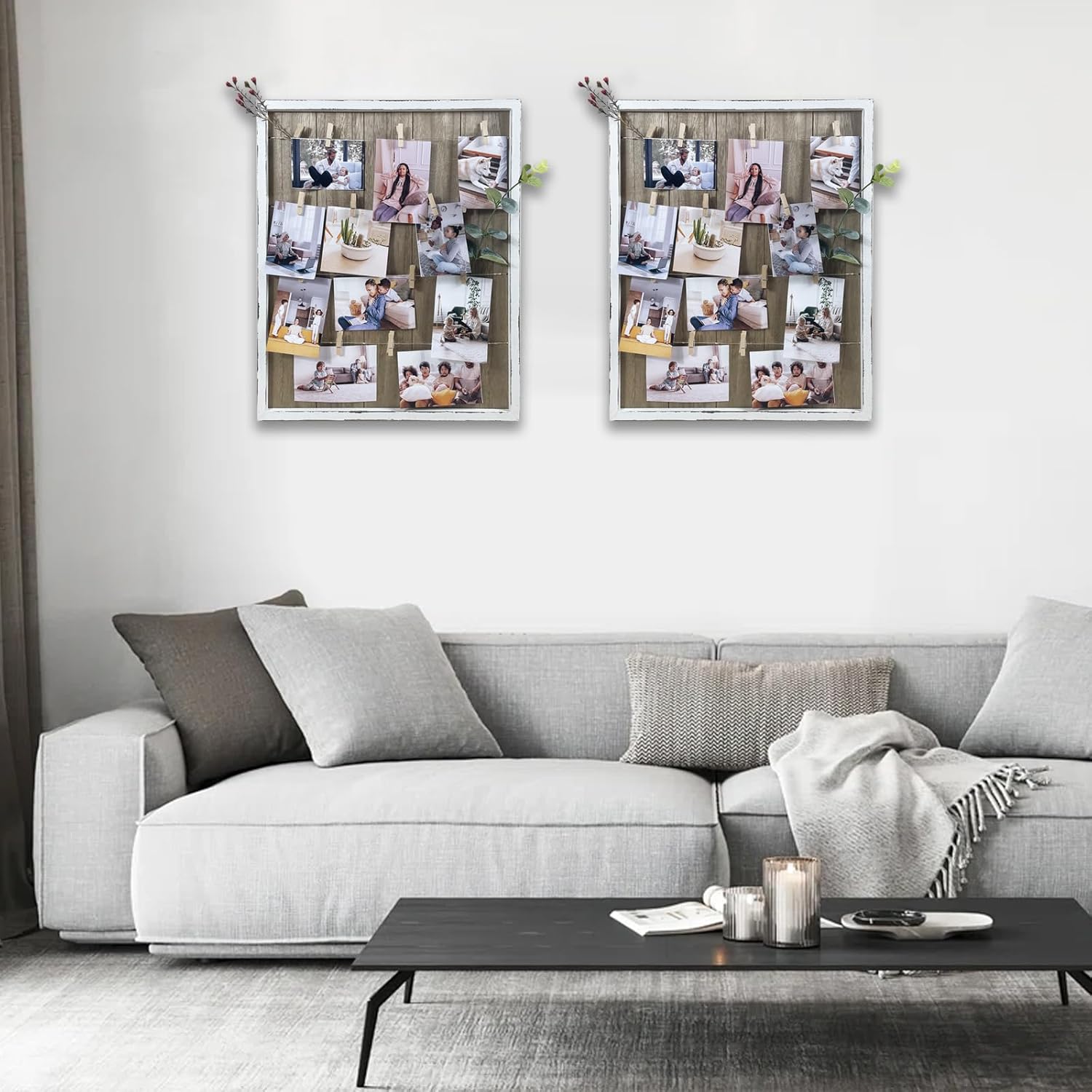 Size 15.75 x 19.25 Color White Clip Picture Frame with LED Fairy Lights, Solid Wood Frame with Wooden Clothespins to Hang Photos, Cute Accents, and Mementos, Vintage Home Decor, 15.75” x 19.25”(White)