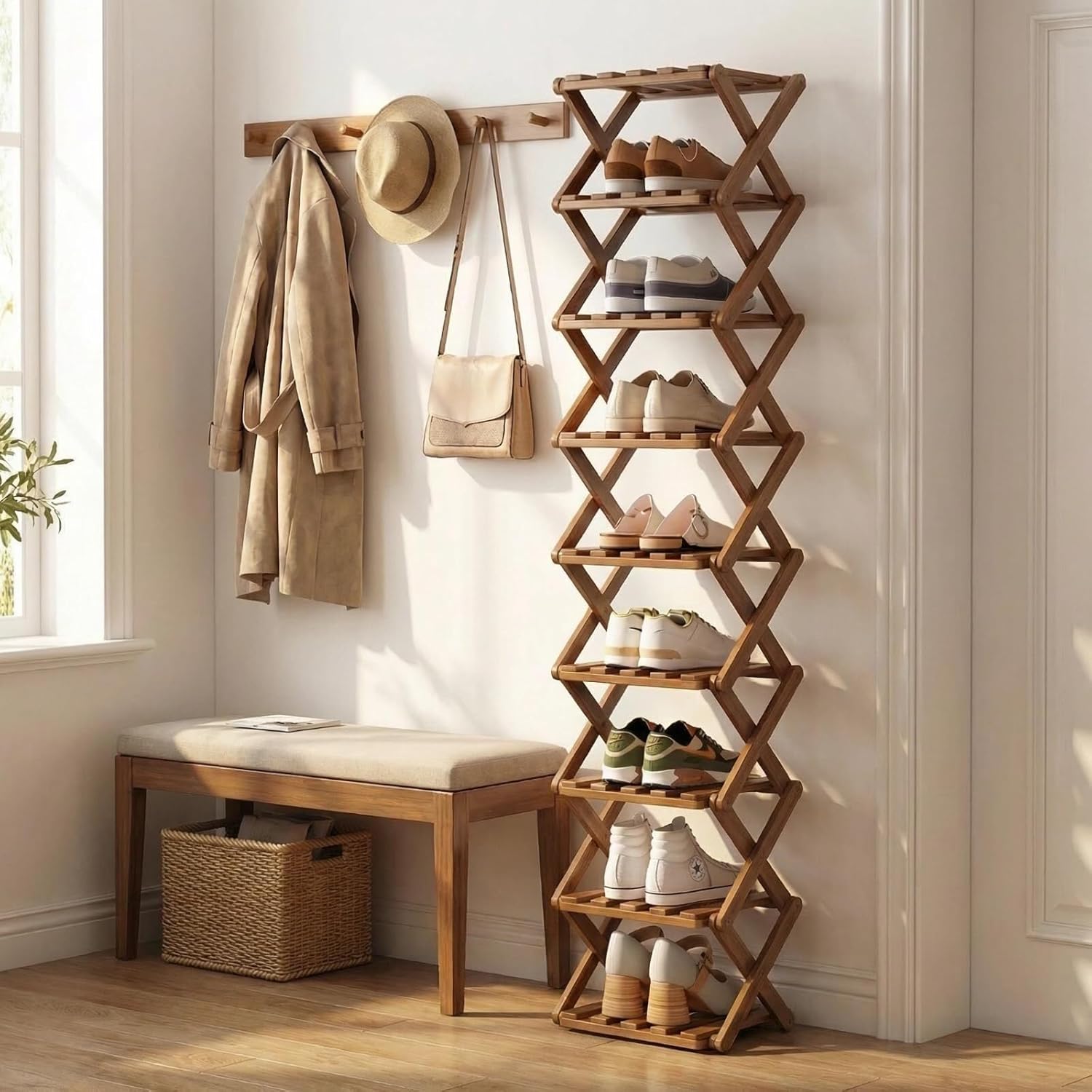 Foldable Bamboo Shoe Rack — 9-Tier, No-Assembly Shoe Storage Shelf — Suitable for Entryways, Hallways, and Closets.