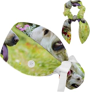 FVQL 2 Pieces Surgical Cap for Long Hair Scrub Cap with Hairband Nurse Cap, Golden Retriever Dog and Flower Field