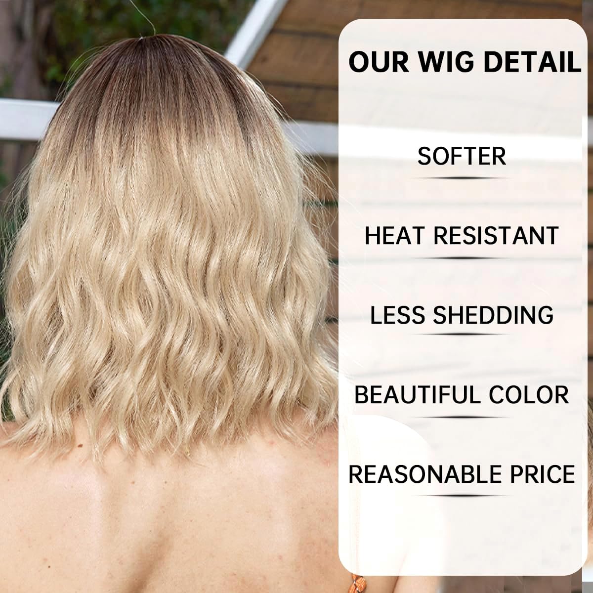 Colorfulpanda Short Blonde Bob Wigs with Dark Roots for Women Shoulder Length Wavy Curly Wigs with Fringe Natural Synthetic Hair Wig for Daily Use and Cosplay 14 inch - Image 2
