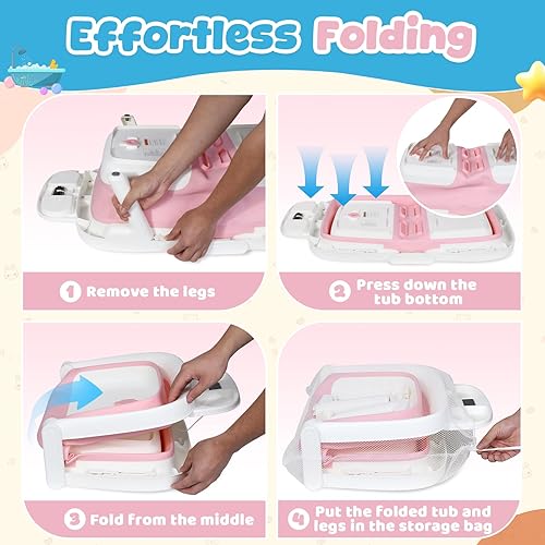 Miniatura 6 de Orzbow Bañera plegable para bebé, bañera grande para recién nacido con cojín suave y termómetro, bañeras portátiles de viaje para bebés a niños