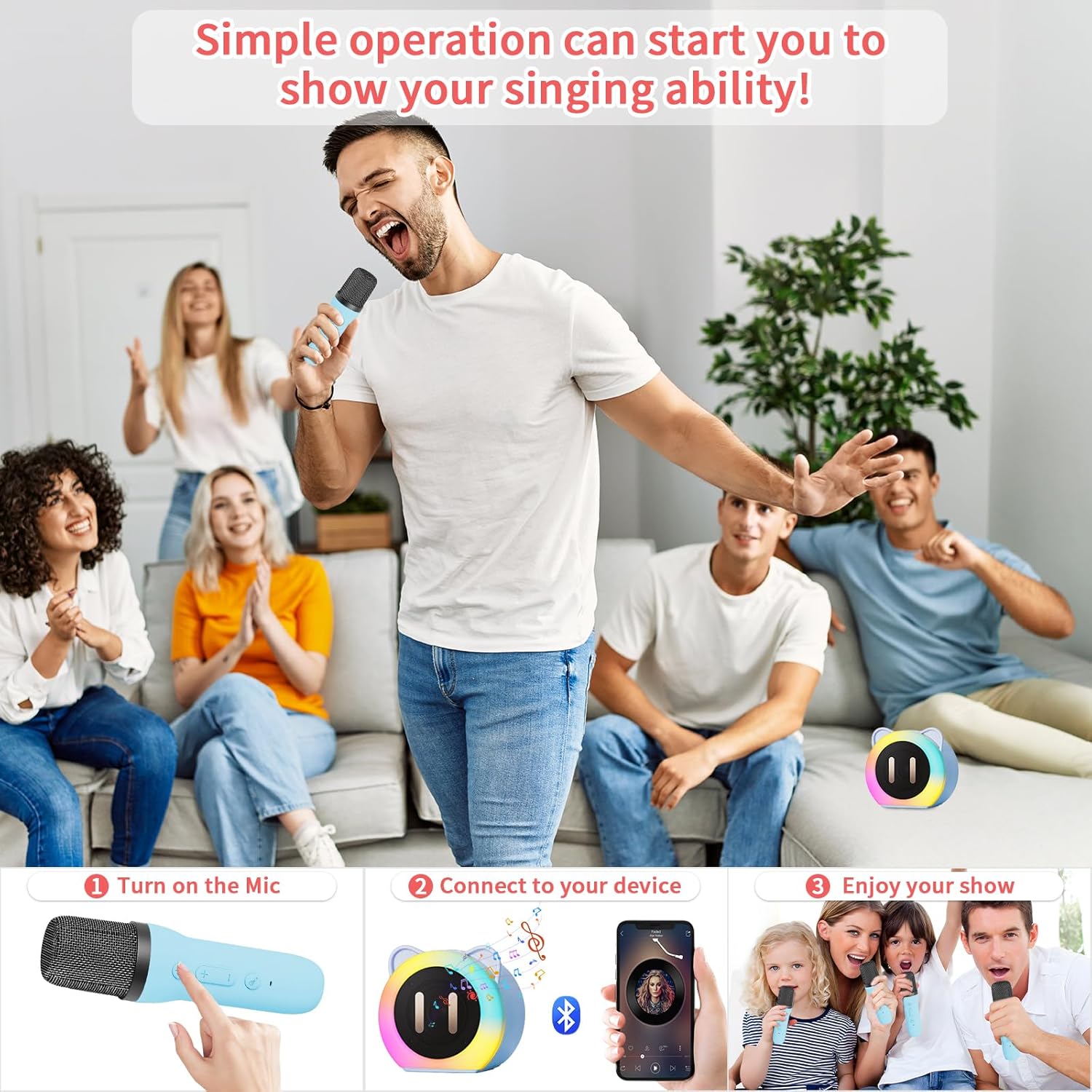 Mini Karaoke Machine for Kids Adults，Portable Karaoke Speaker with 2 Wireless Microphones，Toys Birthday for Girls 4,5,6,7,8,9,10,11,12+ Years (Blue) - Image 5