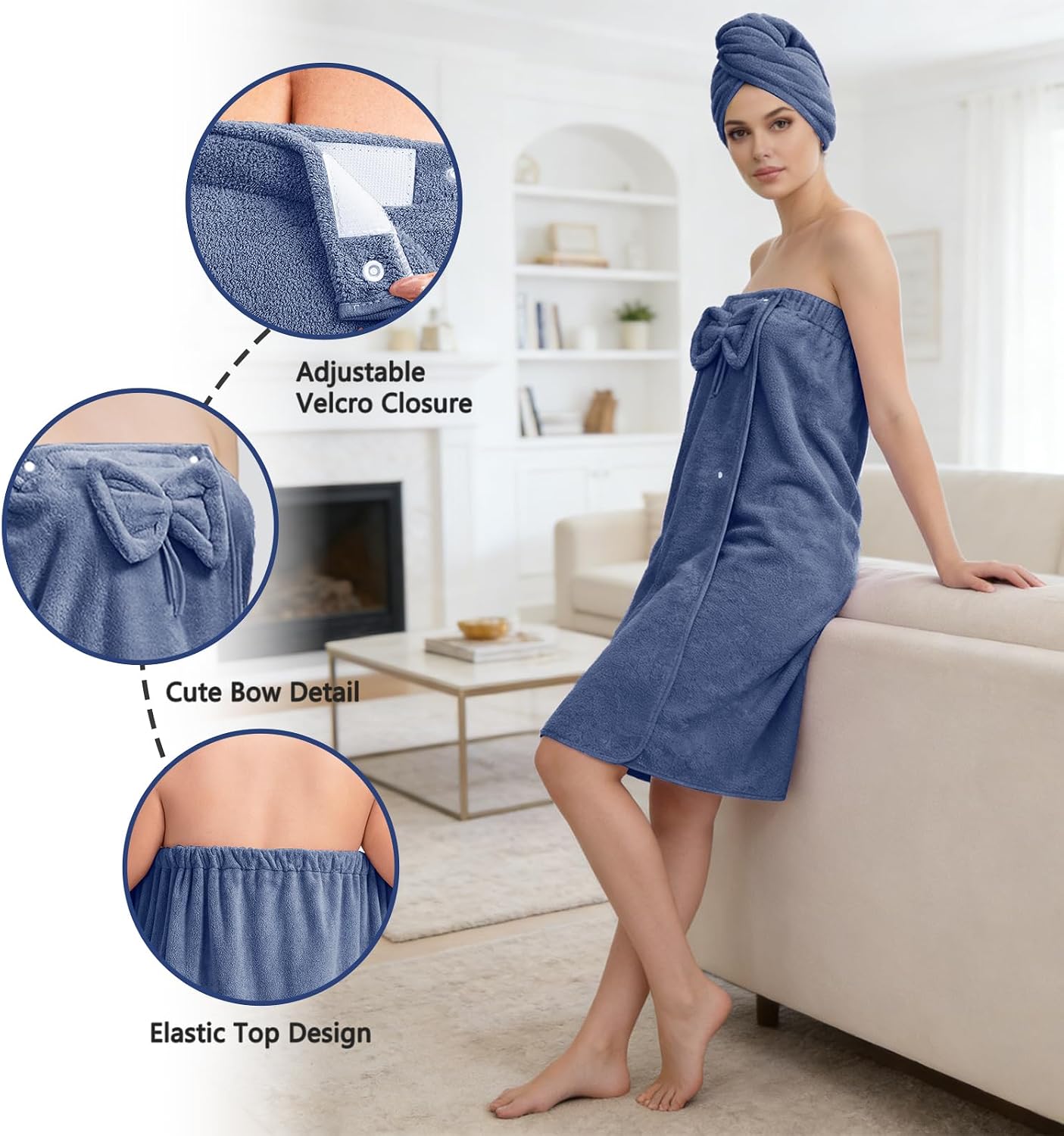Bath Towels Wrap for Women, Quick-Dry Shower Body Wrap & Hair Towel with Secure Closure (Blue, S-XL)