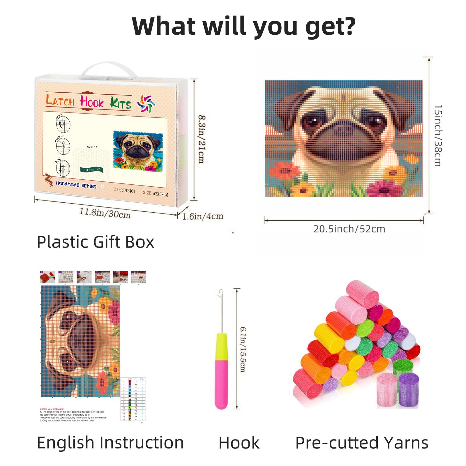 Latch Hook Rug Kit for Adults Cute Pug Dog with Flower Pre-Printed Handmade Carpet Crochet Yarn Craft DIY Hook and Latch Door Mat Tapestry Home Floor Decoration 52x38cm-3