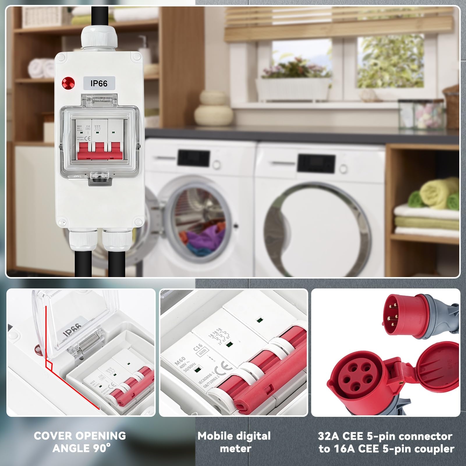 Adattatore da 32 A a 16 A x2 con Interruttore Automatico, 5 poli IP66 Pesante Adattatore 16 A ad alta Corrente e alta Tensione con indicatore LED, per Roulotte, Industria