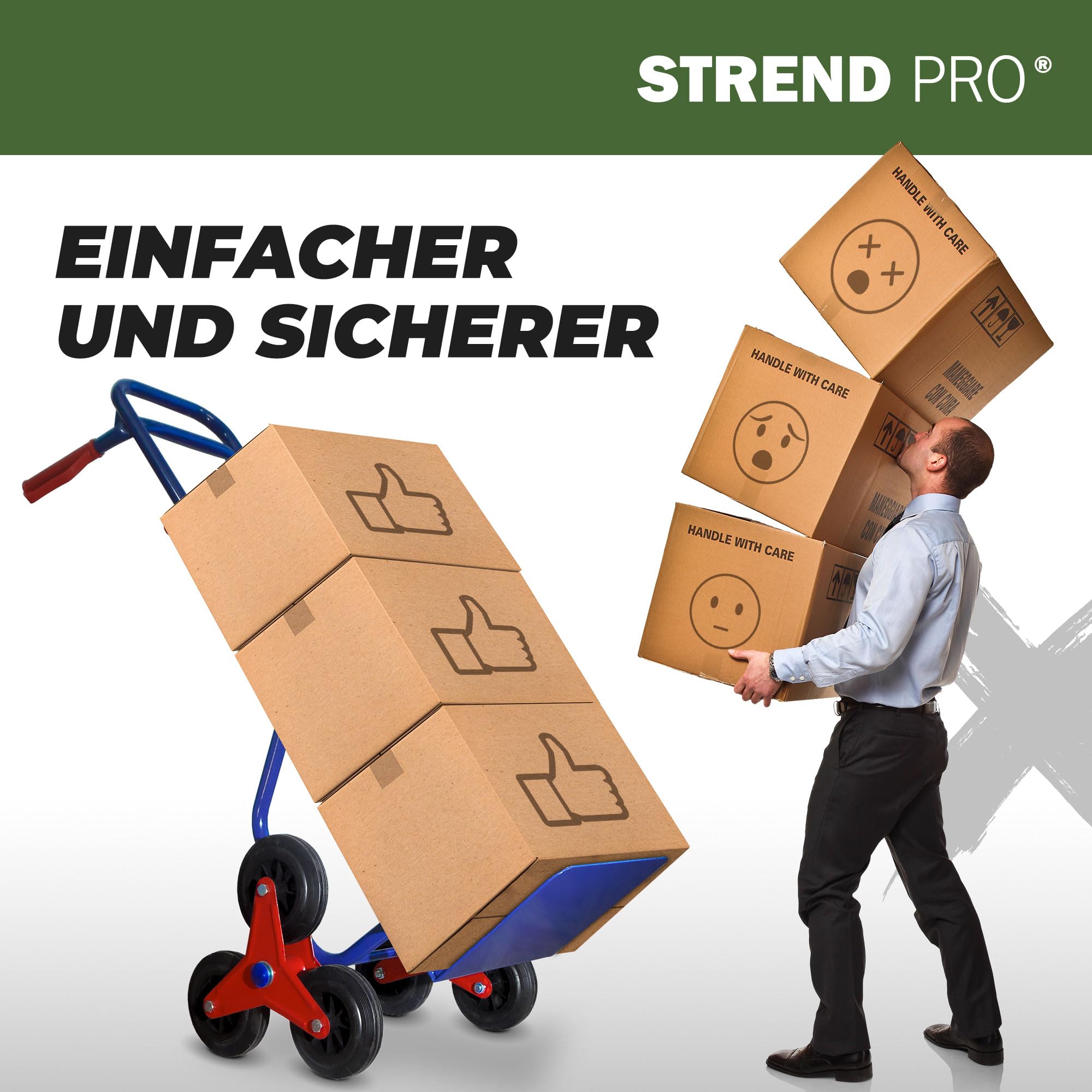 STREND PRO Treppen Sackkarre Klappbar 200kg | Sackkarre Treppensteiger Faltbar mit Vollgummireifen | Kleine Transportkarre für Treppentransporte und Umzüge | Waschmaschine Transporthilfe