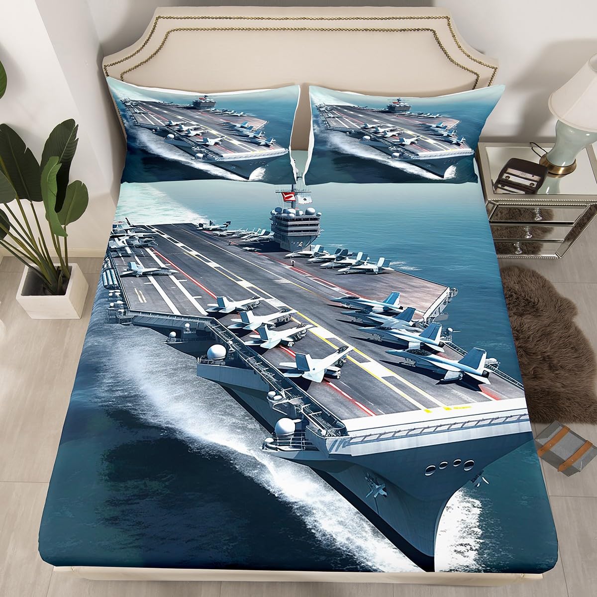 Erosebridal Aircraft Carrier Fitted Sheet Battleship Fighter Flight Bedding Set Sheet Set Driving at Sea for Kids Boys Girls Teens Adults Soft