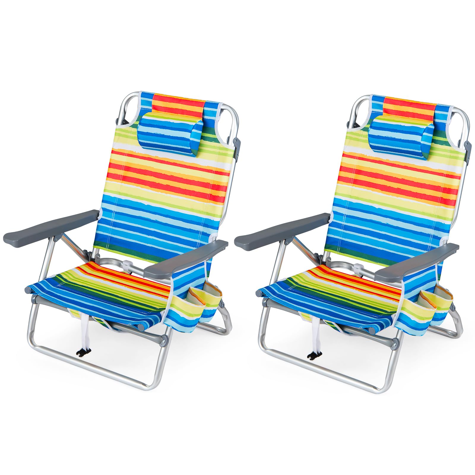 COSTWAY Folding Backpack Beach Chair, Adjustable Position Camping Chair with Headrest, Towel Rack and Storage Pockets, Outdoor Sun Lounger for Picnics, BBQ & Fishing (2, Blue+Yellow) — image 1