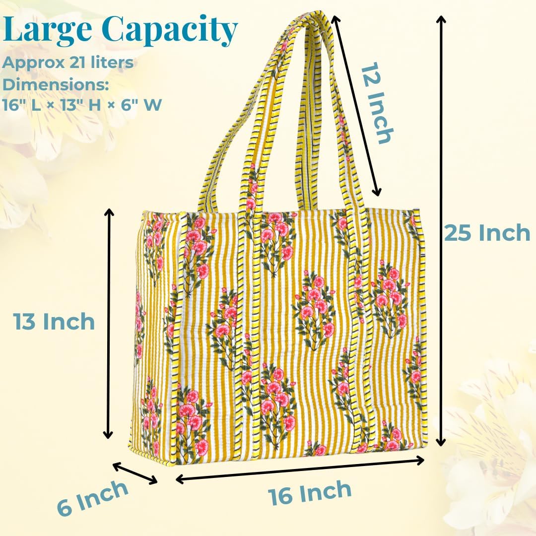 Quilted Tote Bag for Women – Large Size Block Print Cotton Shoulder Bag for Shopping Grocery Travel Work – Handmade Floral Tote Bags Reusable Quilted Beach Bags 16 × 13 × 6 inches | Large Capacity, Travel Bag, Shoulder Carry, Sturdy Handles, Farmer Market Bag