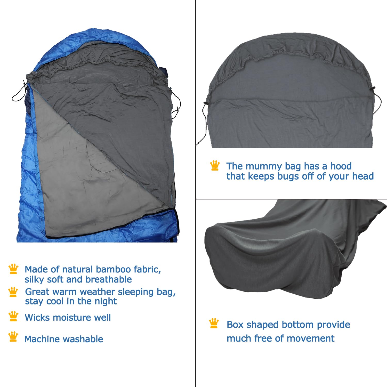 Sábanas de viaje para hotel, rayón derivado de bambú, saco de dormir para adultos, clima cálido/forro de saco de dormir de verano para camping y viajes, rectangular con bolsillo de almohada, momia,
