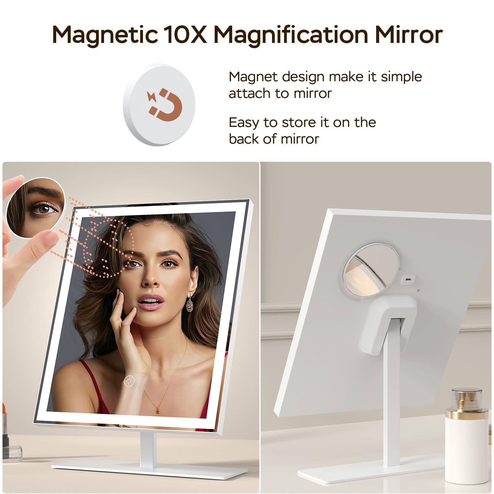 ANTENLICHT Miroir Coiffeuse LED avec Grossissement 10X, Miroir de Maquillage 3 Couleurs, Mirroir Maquilleur Lumineux à Intensité Variable, Miroir de Maquillage de Table Moderne, Blanc