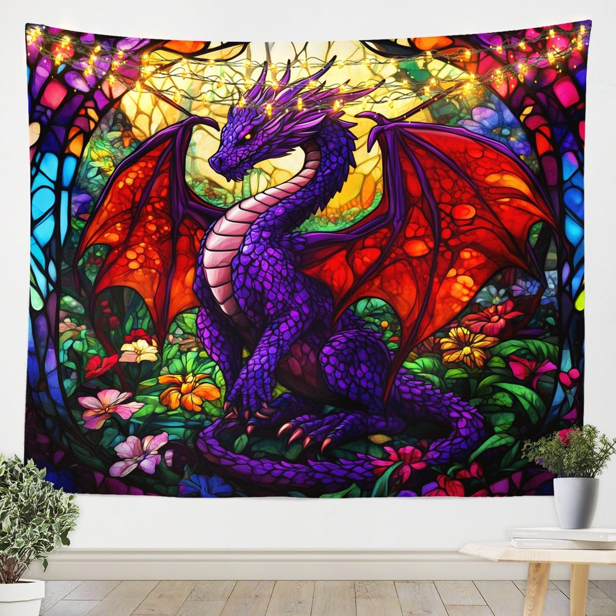 Feelyou Dragon Wall Hanging Large 59"x82" Kids 5D Stained Glass Tapestry Ancient Wildlife Dragon Deep Animal Floral Wall Blanket for Room Decor Red