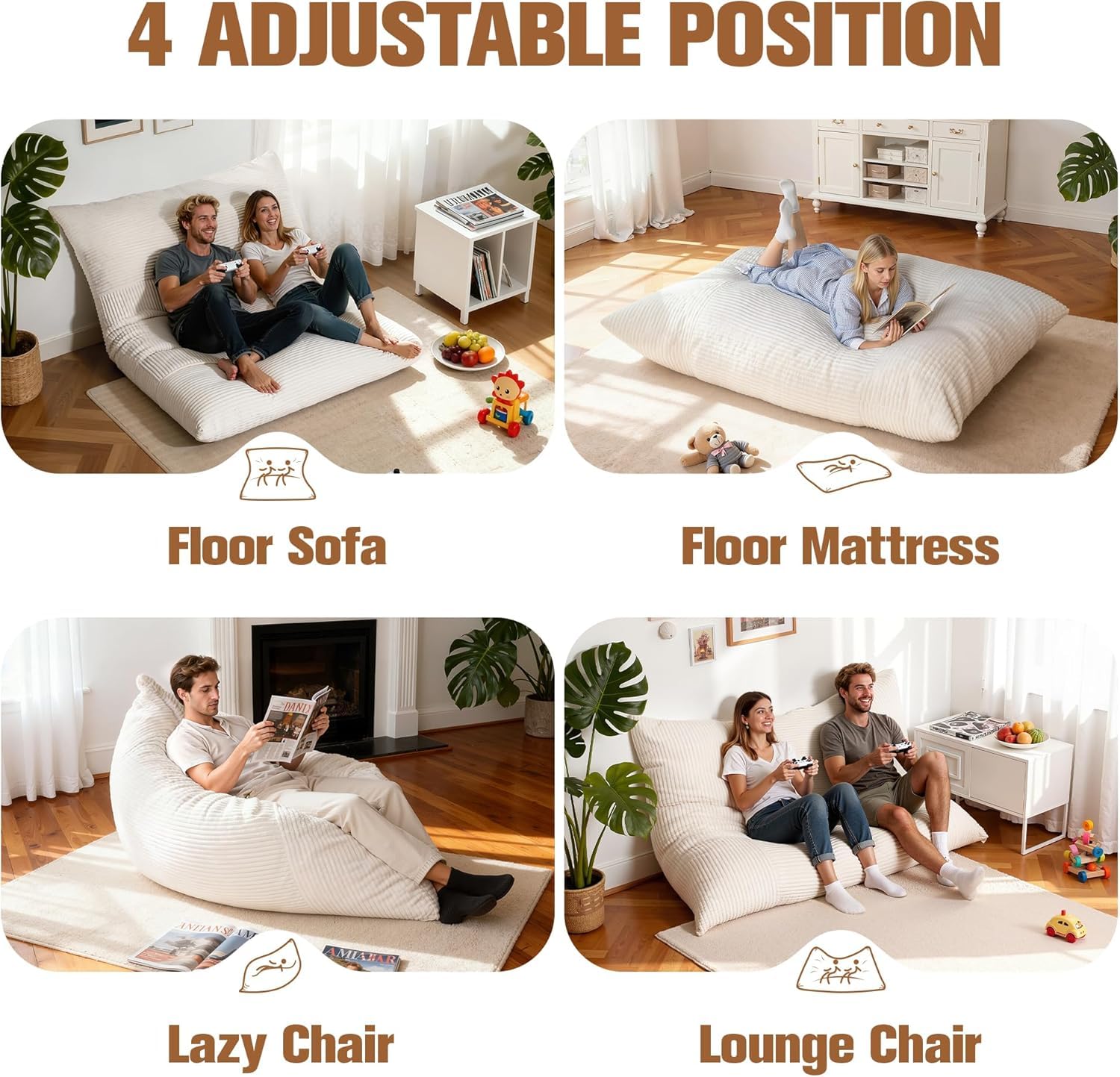 NALONE Sitzsack Erwachsene mit Füllung, 4-in-1 Bean Bag, 6.4 FT Flauschig Sessel, Lounge Sessel, Lounge Stuhl, Schlafzimmer, Wohnzimmer, Wohnzimmer Möbel (Weiß)