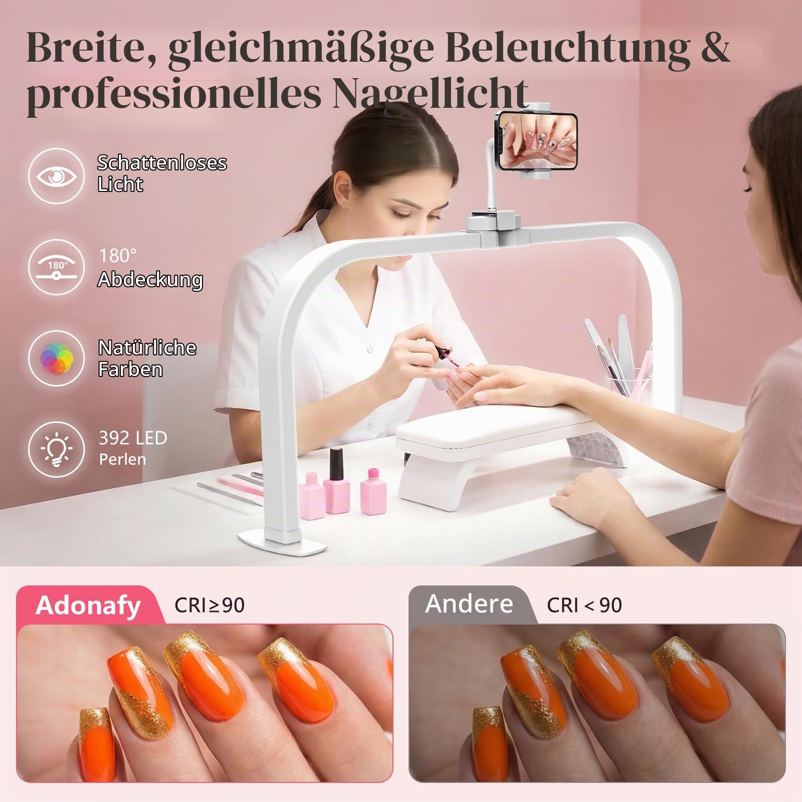 Desktop Halbmond Lampe Nägel: 29in Halbmond Lampe für Anfänger - 3 Farbmodi und 10 Helligkeitsstufen Nagel Tischlampe für Salon - 40W LED Halbmond Wimpern Lampe für Kosmetik/Tattoo - Weiß