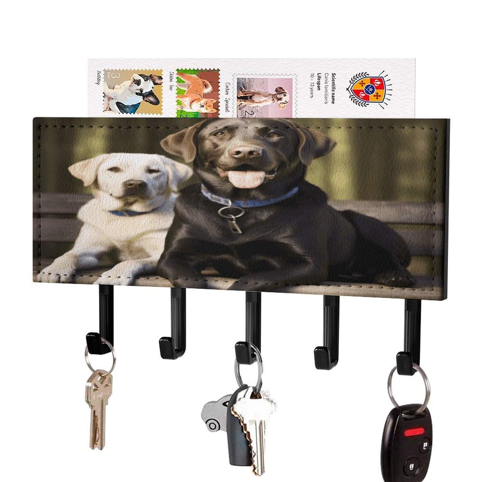 Fekiloot Black-Style Labrador Key Holder Wall Mount Key And Mail Holder Key Hanger With 5 Hooks Decorative Pu Key Rack Hanging Key Hooks For Wall Living Room Kitchen Bathroom Hallway