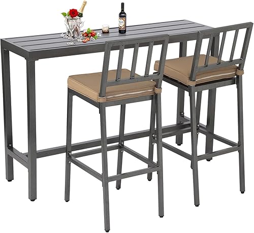 Sillas y mesa de bar para exteriores, juego de bar de metal para patio, 3 piezas con taburetes y cojines, patio trasero, porche, bistró, balcón