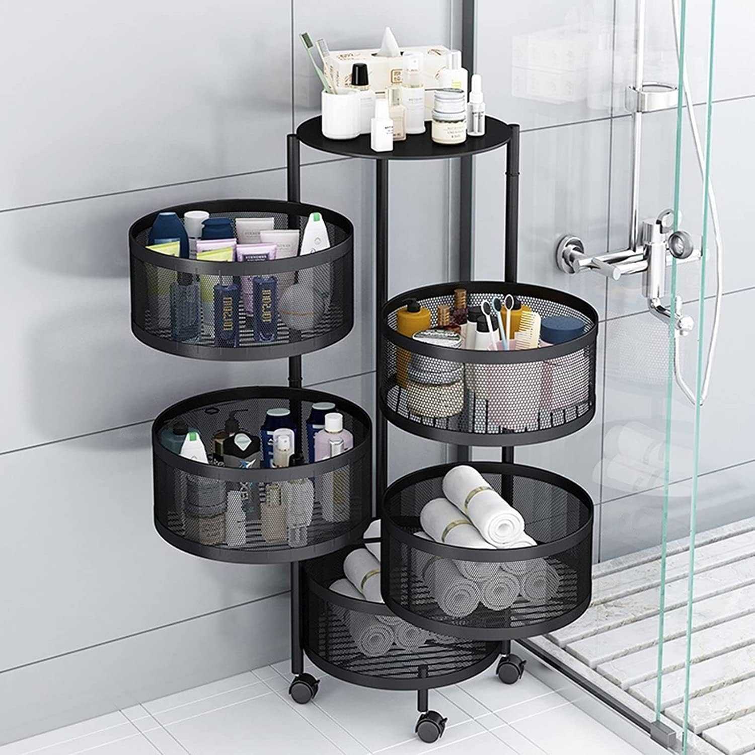 Deconation Resserre 5 Paniers Rotatifs sur Roues en Acier Noir | H 90 Cm X D 30 Cm | Etagère De Rangement Cuisine, Salle De Bain, Bureau