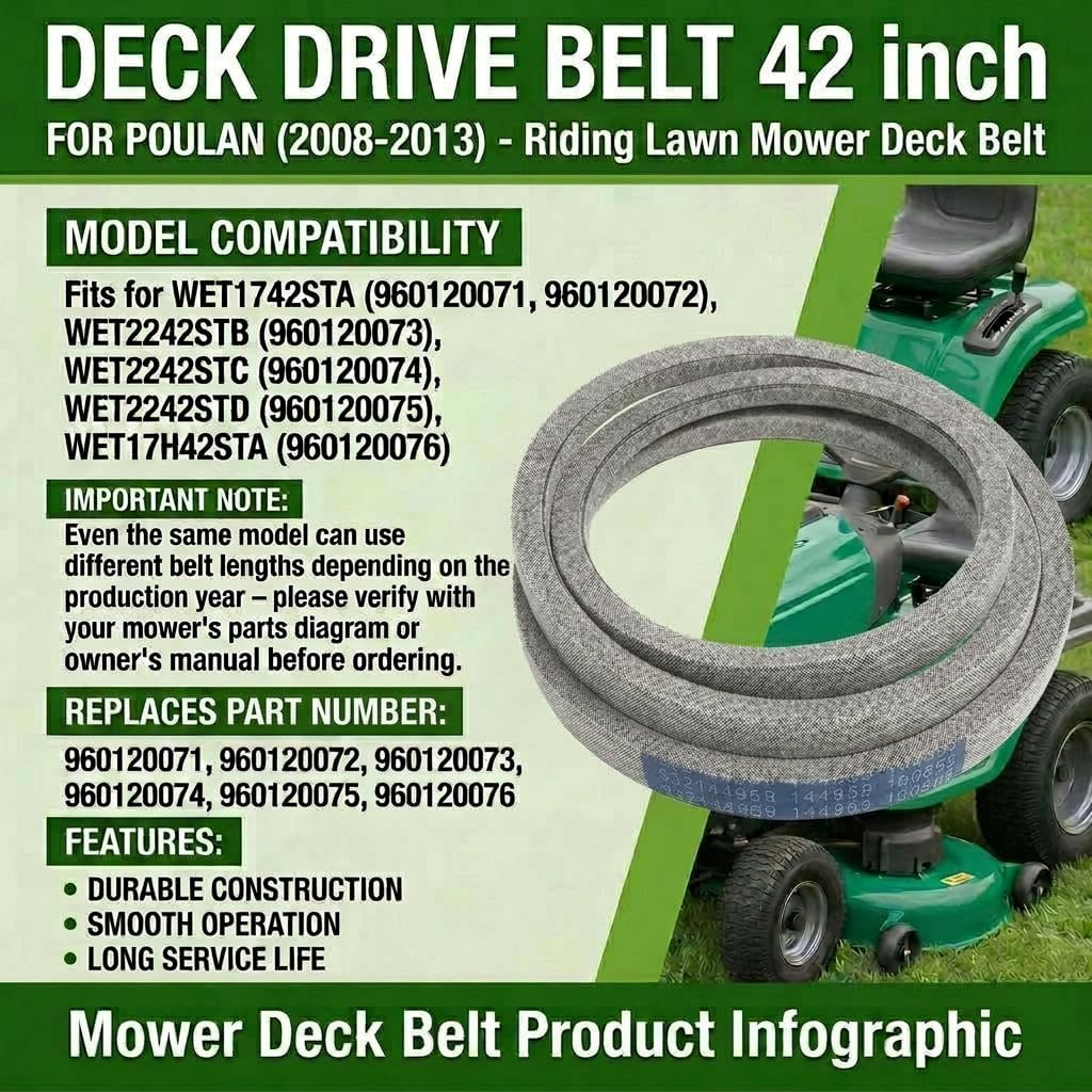 144959 Deck Belt for Husqvarna YTH180 42" Riding Mower, 1/2 x 95.5 Mower Belt Fits for Poulan Pro PB18542LT PO17542LT,for Craftsman LT1000 LT2000 LT3000 DYT4000 (Replaces 532144959 531300766 160855) view 4