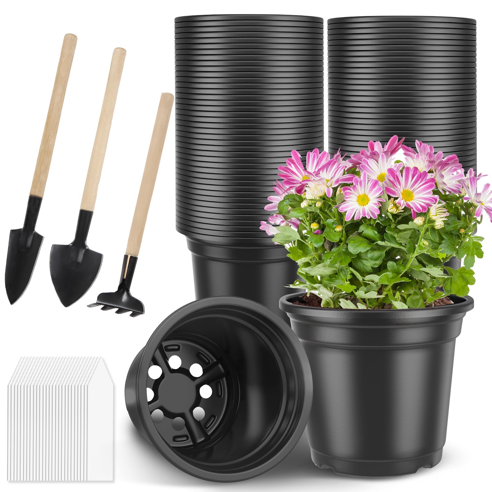 PEYOU 100Pcs 15cm Plastic Plant Pots with 3 PCS Garden Tools & 100Pcs Waterproof Plant Labels, Flower Pots Outdoor & Indoor for Seedlings, Vegetables,Flowers,Herbs,Succulents